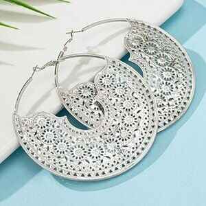 Bohemian Hoop Earrings Bold and stylish geometric circle Cuban Chunky SILVER‎